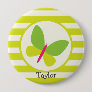 Hot Pink and Neon Green Butterfly; Stripes 10 Cm Round Badge