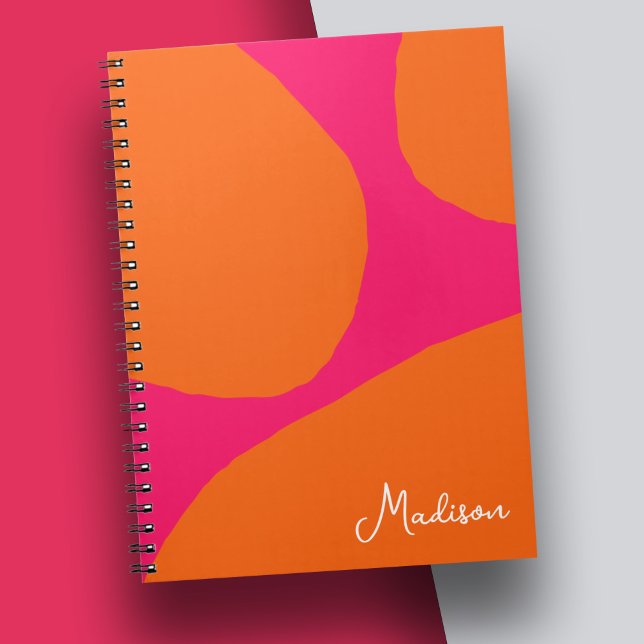 Hot Pink and Orange Abstract Pattern with Name Notebook (Bright and bold hot pink and orange notebook to personalize with your name.)
