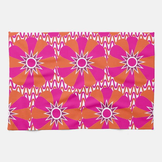 Hot Pink and Orange Bright Flower Pattern Tea Towel (Horizontal)