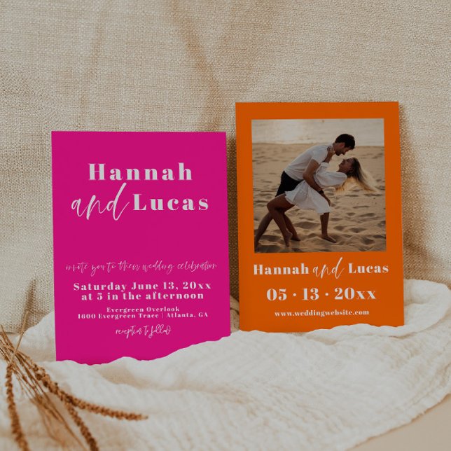 Hot Pink and Orange Calligraphy Photo Wedding Invitation (Creator Uploaded)