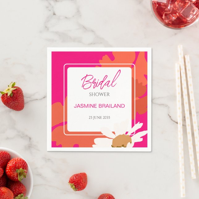Hot Pink and Orange Daisy Abstract Floral Bridal  Napkin (Insitu)