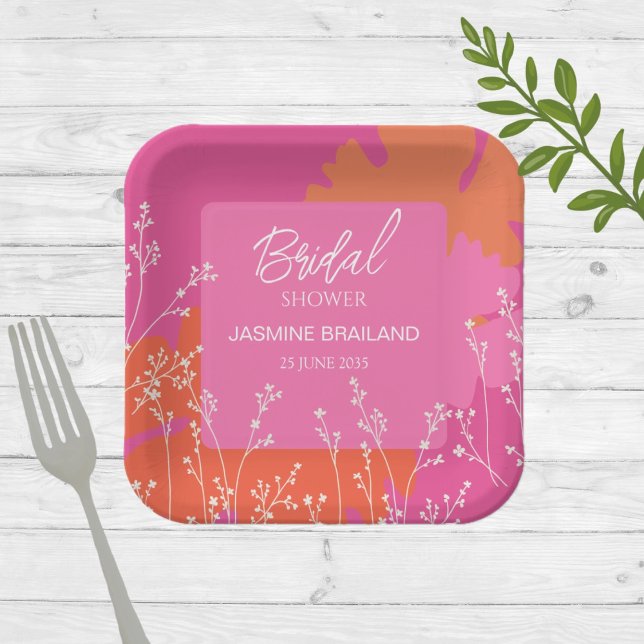 Hot Pink and Orange Daisy Abstract Floral Bridal Paper Plate (Creator Uploaded)