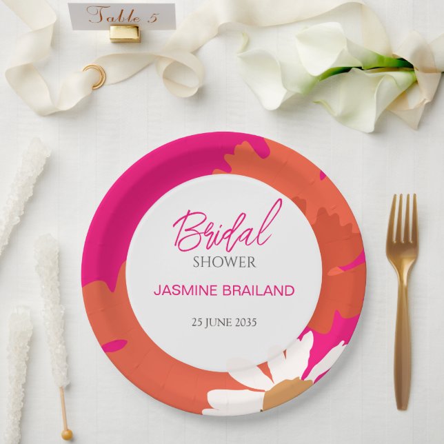 Hot Pink and Orange Daisy Abstract Floral Bridal  Paper Plate (Wedding)