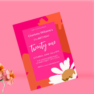 Hot Pink and Orange Daisy Floral Birthday Party  Invitation