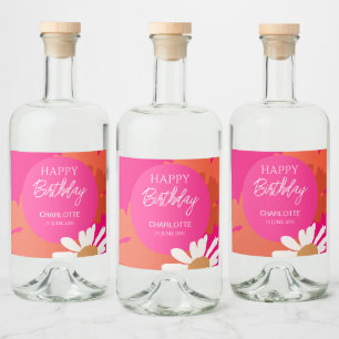Hot Pink and Orange Daisy Floral Birthday Party Liquor Bottle Label