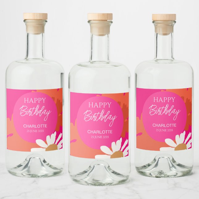 Hot Pink and Orange Daisy Floral Birthday Party  Liquor Bottle Label (Bottles)