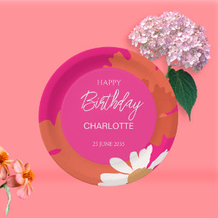 Hot Pink and Orange Daisy Floral Birthday Party Paper Plate