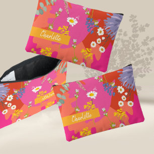 Hot Pink and Orange Floral Garden Personalised Accessory Pouch