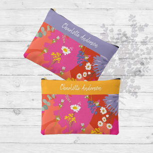 Hot Pink and Orange Floral Garden Personalised Accessory Pouch