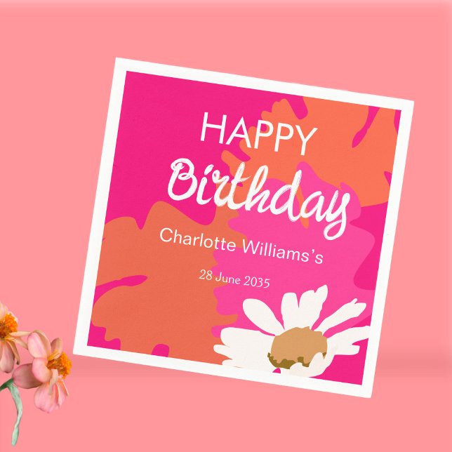 Hot Pink and Orange Floral Happy Birthday Party Napkin (Creator Uploaded)