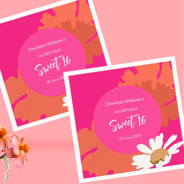 Hot Pink and Orange Floral Sixteen Birthday Party  Napkin (Creator Uploaded)