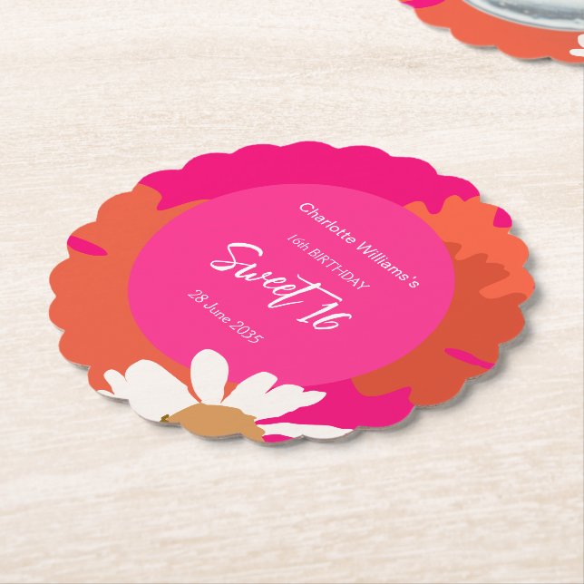 Hot Pink and Orange Floral Sixteen Birthday Party  Paper Coaster (Angled)