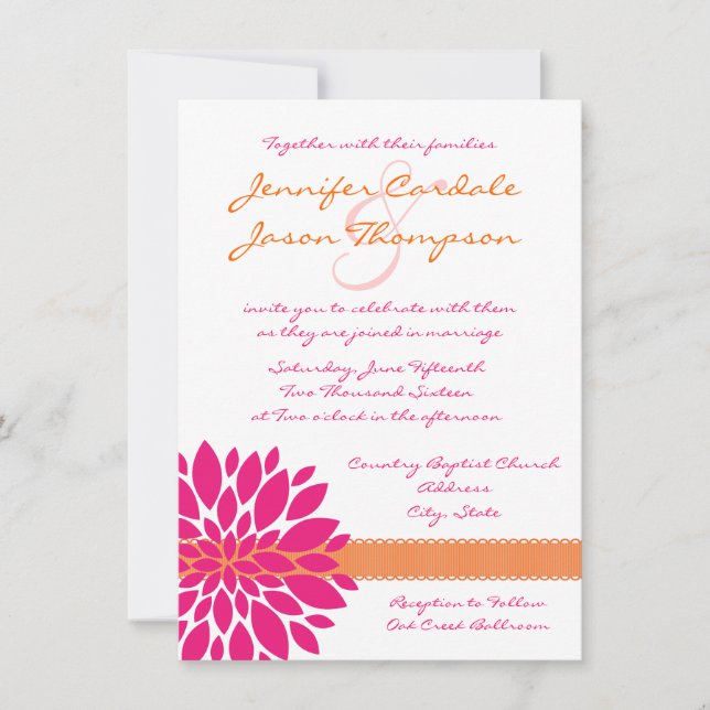 Hot Pink and Orange Flower Wedding Invitations (Front)