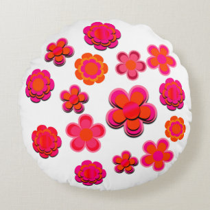 Hot Pink and Orange Flowers  Round Cushion
