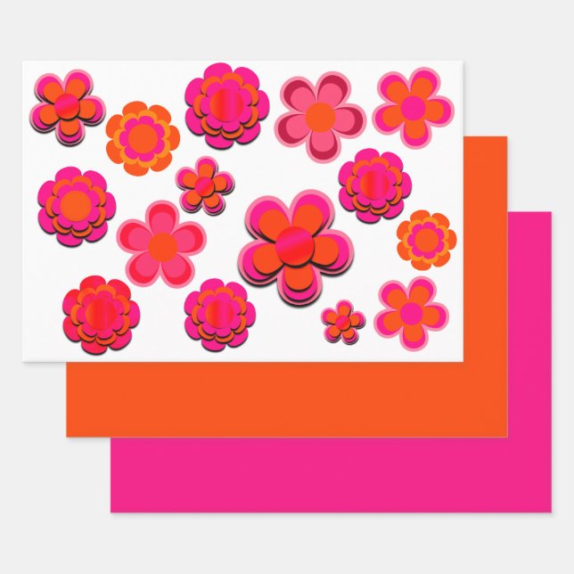 Hot Pink and Orange Flowers Wrapping Paper Sheet (Set)
