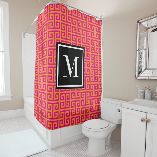 Hot Pink and Orange Greek Key Black White Monogram Shower Curtain (In Situ)