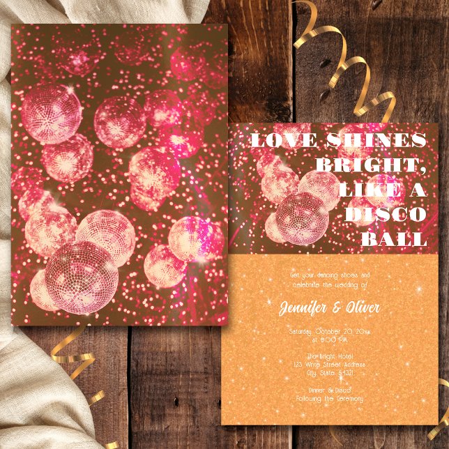Hot Pink And Orange Retro Disco Ball Wedding Invitation (Front and Back)