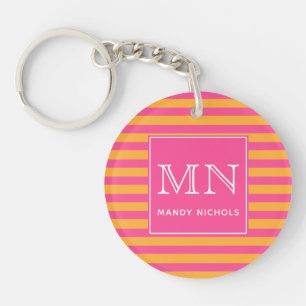 Hot Pink and Orange Striped Monogram Key Ring