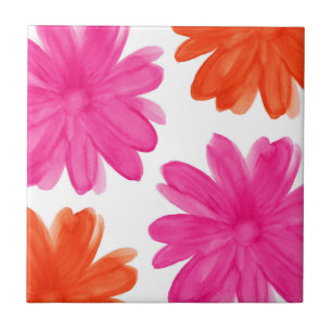 Hot Pink and Orange Watercolor Flowers Ceramic Tile