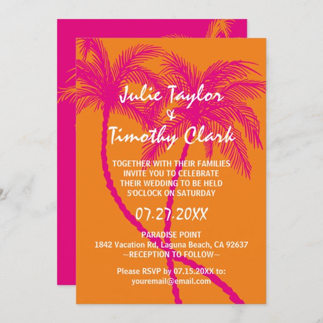 Hot Pink and Orange Wedding Invitations (Front/Back)