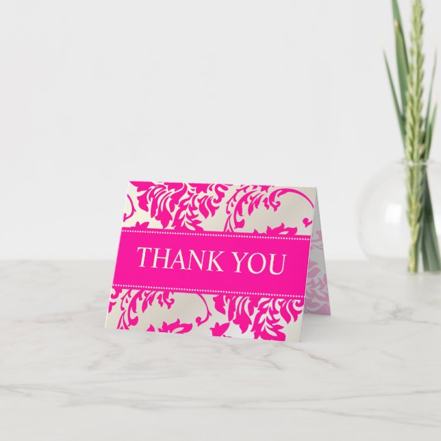 Hot Pink and Pearl Damask Thank You/DIY text You Card (Front)