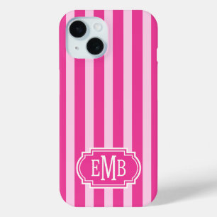 Hot Pink and Pink Monogrammed Stripes iPhone 15 Case