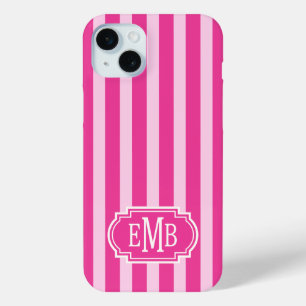 Hot Pink and Pink Monogrammed Stripes iPhone 15 Mini Case