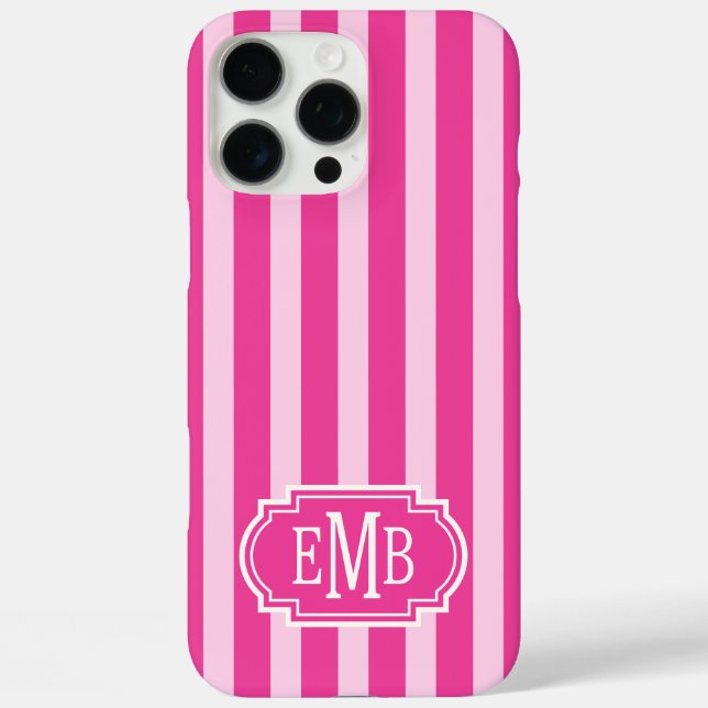 Hot Pink and Pink Monogrammed Stripes Case-Mate iPhone Case (Back)