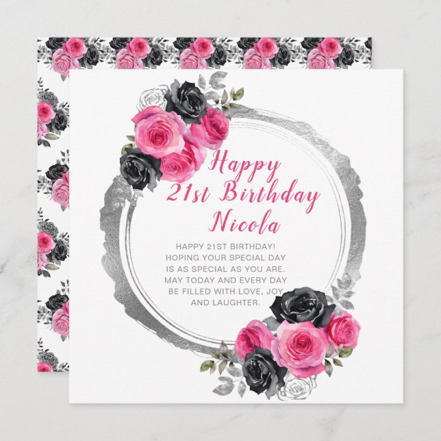 Hot Pink and Silver Elegant Flower Birthday  Card (Front/Back)