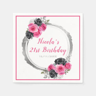 Hot Pink and Silver Elegant Flower Birthday  Napkin