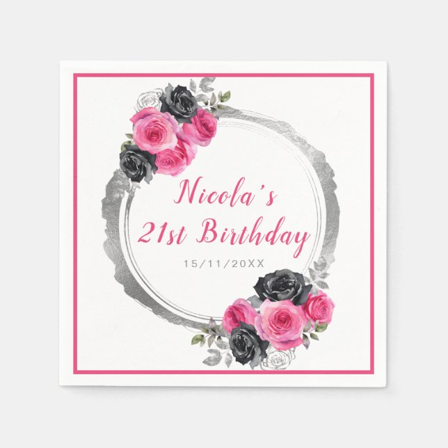 Hot Pink and Silver Elegant Flower Birthday  Napkin (Front)