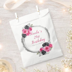 Hot Pink and Silver Elegant Flower Birthday Party Favour Bag