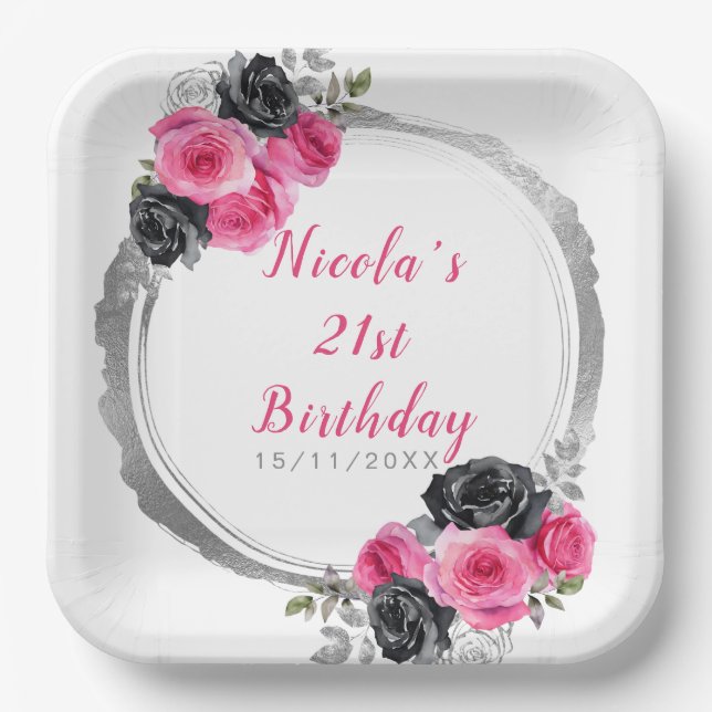 Hot Pink and Silver Elegant Flower Birthday Party Paper Plate (Front)