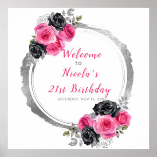 Hot Pink and Silver Elegant Flower Birthday Party  Poster