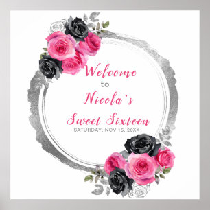 Hot Pink and Silver Elegant Flower Sweet Sixteen  Poster