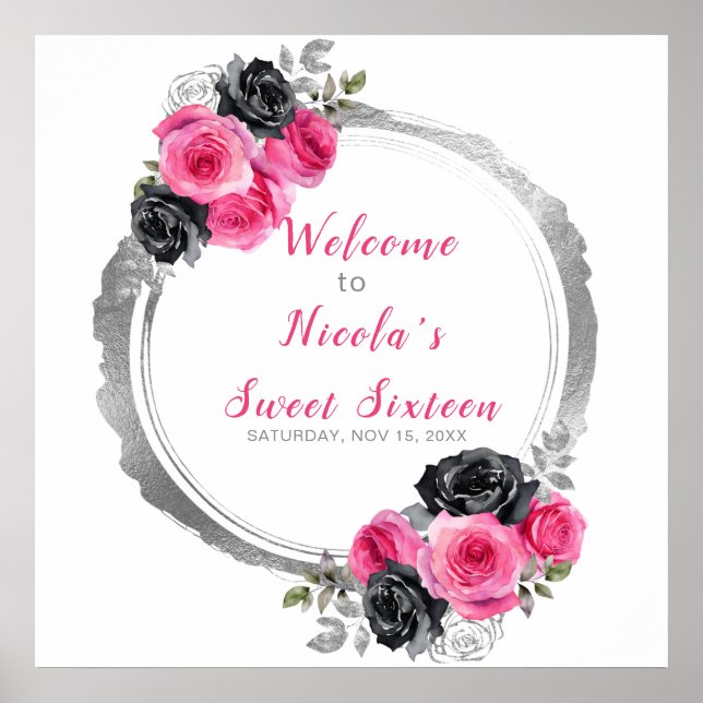 Hot Pink and Silver Elegant Flower Sweet Sixteen  Poster (Front)