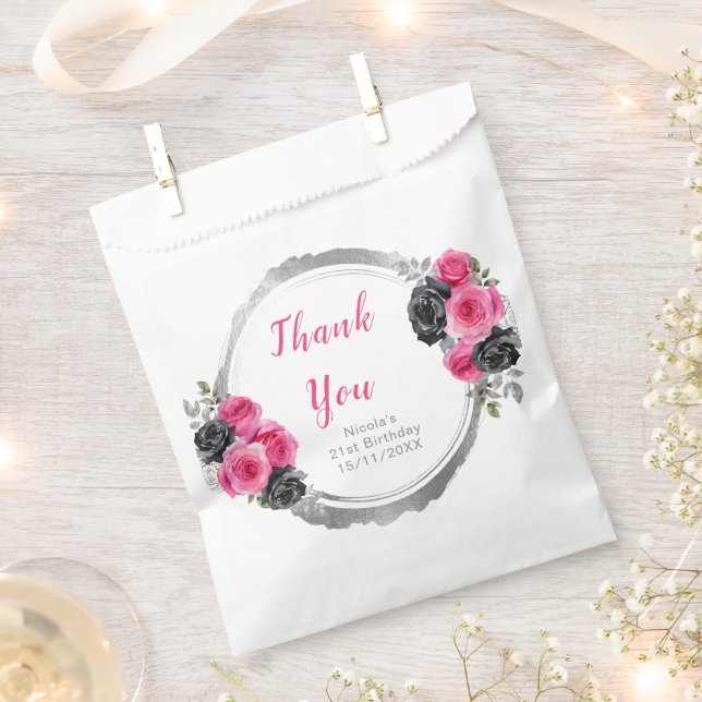Hot Pink and Silver Elegant Flowers Birthday Party Favour Bag (Clipped)