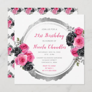 Hot Pink and Silver Elegant Flowers Birthday Party Invitation