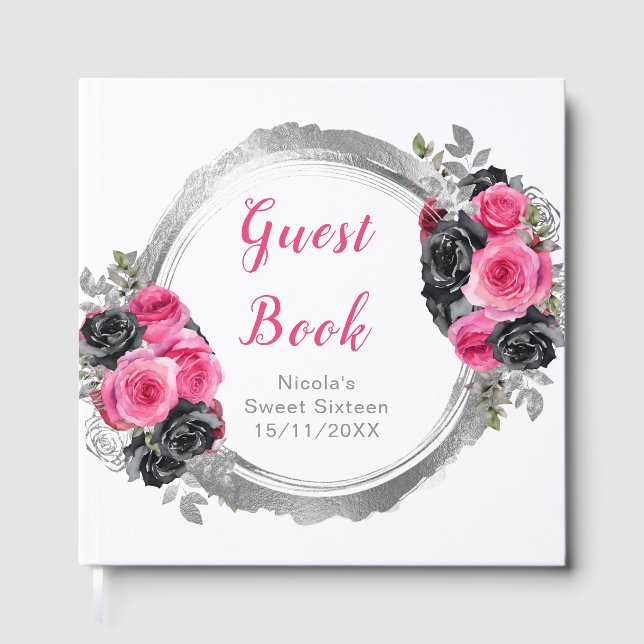 Hot Pink and Silver Elegant Flowers Sweet Sixteen Guest Book (Front)