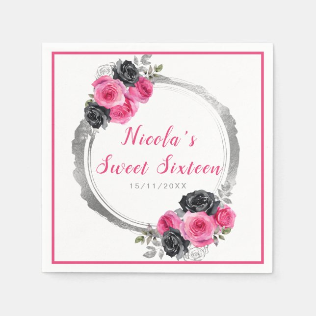 Hot Pink and Silver Elegant Flowers Sweet Sixteen Napkin (Front)