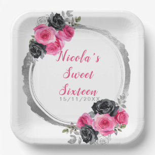 Hot Pink and Silver Elegant Flowers Sweet Sixteen Paper Plate
