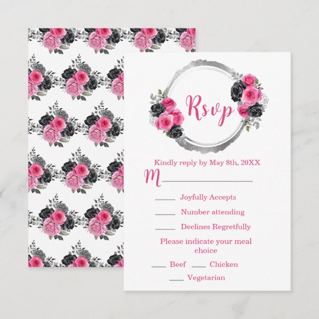Hot Pink and Silver Elegant Flowers Sweet Sixteen RSVP Card (Front/Back)