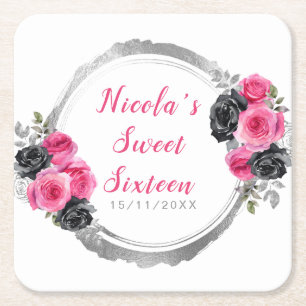 Hot Pink and Silver Elegant Flowers Sweet Sixteen Square Paper Coaster
