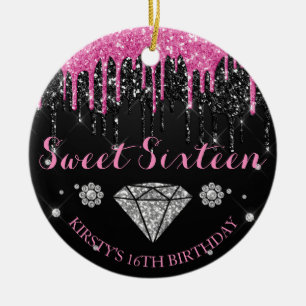 Hot Pink and Silver Glitter Drip Diamond Sweet 16 Ceramic Ornament