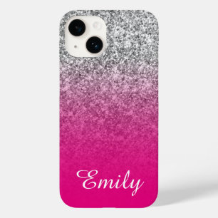 Hot Pink and Silver Glitter Ombre Personalised Case-Mate iPhone 14 Case