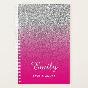 Hot Pink and Silver Glitter Ombre Personalised Planner