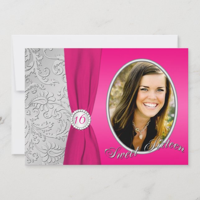 Hot Pink and Silver Photo Sweet Sixteen Invitation (Front)