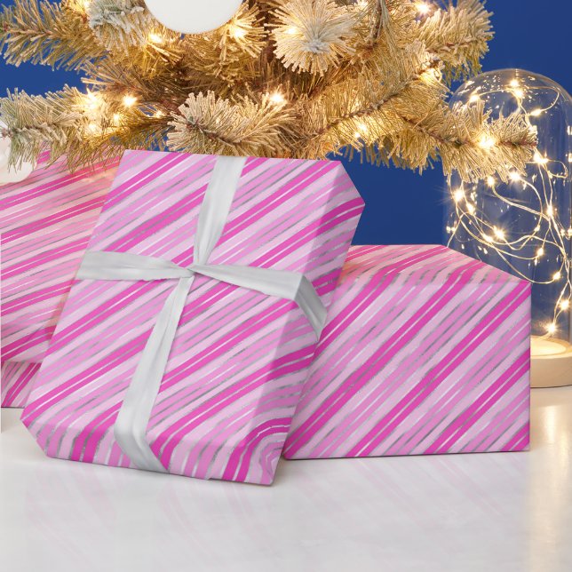 Hot Pink and Silver Stripes Wrapping Paper (Holidays)