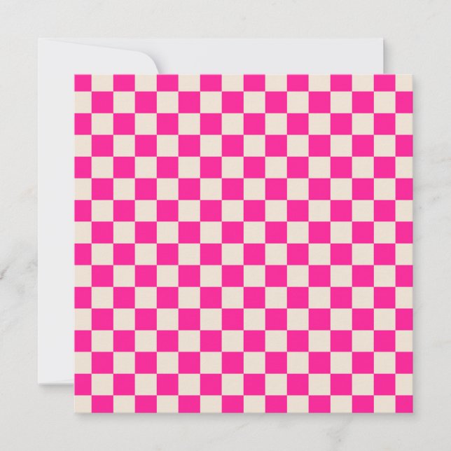 Hot pink and tan checkerboard pattern thank you card (Front)