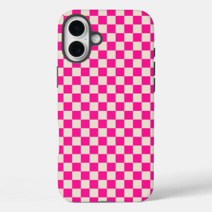 Hot pink and tan chequerboard pattern iPhone 16 plus case